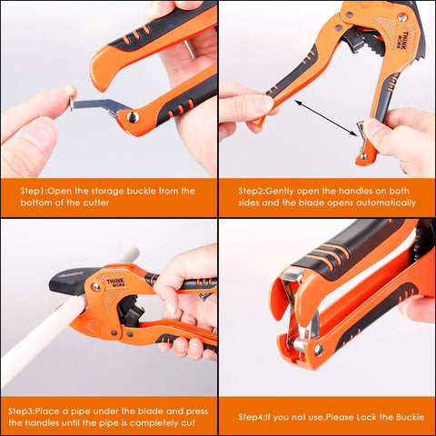 Step-by-step use of One Hand Ratchet Pipe Cutter Set 1 5 8 in OD and PEX Straight Cutters 1 3 8 in OD 2 Pack for PVC pipes.