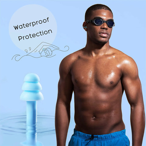 Soft Silicone Ear Plugs For Sleep And Noise Reduction, Reusable Ear Plugs For Sleeping, Swimming, Concerts And Snoring, Adjustable Fit, Quiet Your Night Or Day, 3 Pairs; swimmer with light blue ear plugs demonstrating waterproof protection.