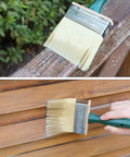 6 Inch Deck Stain Brush For Wood With A Wide Head And Dense Synthetic Bristles For A Smooth, Even Sealant Application On Large Outdoor Surfaces Like Decks And Fences, Ideal For Quick Stains And A Pro Look Finish, shown applying stain on wood.