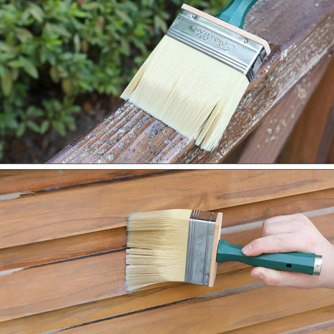 6 Inch Deck Stain Brush For Wood With A Wide Head And Dense Synthetic Bristles For A Smooth, Even Sealant Application On Large Outdoor Surfaces Like Decks And Fences, Ideal For Quick Stains And A Pro Look Finish, shown applying stain on wood.