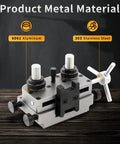 Heavy Duty Iron Sight Pusher Tool For Slick Micro Tweaks On Dovetail Slots With Secure Side Clamps And Smooth Steel Drive Screw, featuring 6061 aluminum and 303 stainless steel materials.