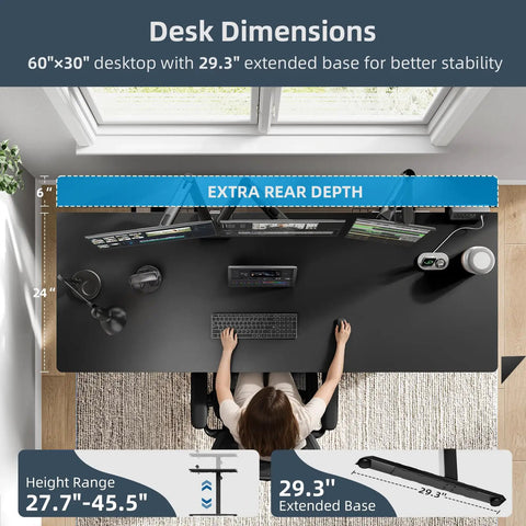 Top view of Electric Standing Desk That Moves Smoothly, 60 By 30 Inches, with dual monitors and cable management