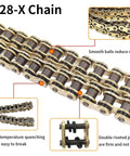 Close-up of 428 X Ring Drive Chain With 118 Links And Master Link For Motorcycle ATV Bicycle Go Kart Gold Finish, Heavy Duty