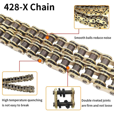 Close-up of 428 X Ring Drive Chain With 118 Links And Master Link For Motorcycle ATV Bicycle Go Kart Gold Finish, Heavy Duty