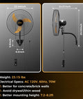 Dimensions of 20 Inch Wall Mount Oscillating Fan With 600D Oxford Cover, Extended 3.3ft Wired Remote And 6.6ft Power Cord shown