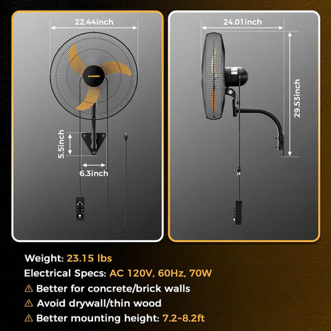 Dimensions of 20 Inch Wall Mount Oscillating Fan With 600D Oxford Cover, Extended 3.3ft Wired Remote And 6.6ft Power Cord shown