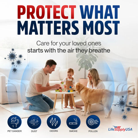 Family with dog in living room, highlighting protection from dust, smoke, and allergens with air filter benefits.