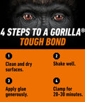 Info graphic showing steps to use heavy duty wood glue for indoor and outdoor DIY projects, water resistant 36 ounce bottle.