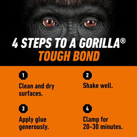 Info graphic showing steps to use heavy duty wood glue for indoor and outdoor DIY projects, water resistant 36 ounce bottle.