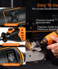Badass 180W Cordless Chainsaw Sharpener Kit Gnarly Multi Purpose Rotary Tool showing six-speed control and grip features.