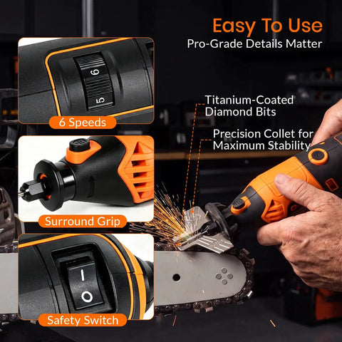Badass 180W Cordless Chainsaw Sharpener Kit Gnarly Multi Purpose Rotary Tool showing six-speed control and grip features.