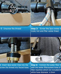 Installation steps for 3 Way Drinking Water Faucet With Hot Cold RO Filtration, showing water lines and filter connection.