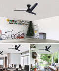Neojoyoenix 52" 'Flush Mount & Rod ABS 3 Blades Ceiling Fan with Remote Control No Lights, modern design in black for indoor use.