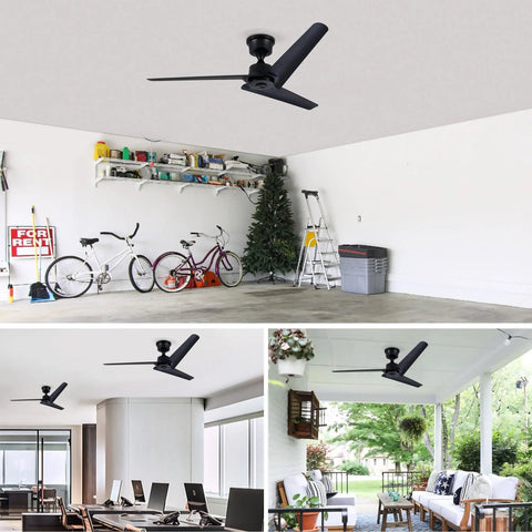 Neojoyoenix 52" 'Flush Mount & Rod ABS 3 Blades Ceiling Fan with Remote Control No Lights, modern design in black for indoor use.