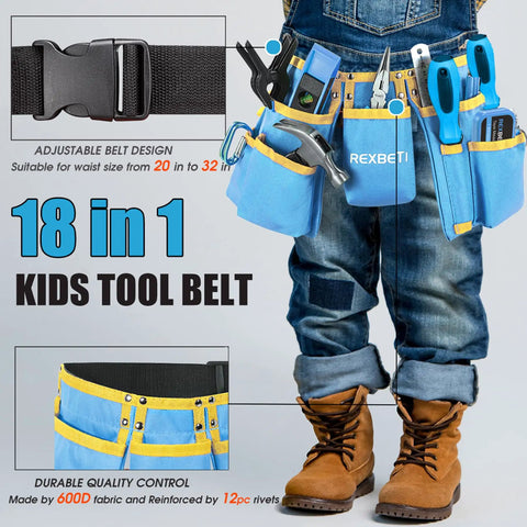 Child wearing Blue 18 Piece Kids Builder Tool Set with real tools and reinforced belt for waist 20 to 32 inches in woodwork gear.