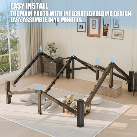 Full Size Metal Platform Bed Frame Standing 14 Inches Tall With Reinforced Steel Slats Built Legit Heavy Duty Crushing Up To 3500 lbs Ditch The Box Spring Completely Lightning Quick Setup Dead Silent With Anti Slide Bars And Rounded Corner Legs, showing easy install with integrated folding design.
