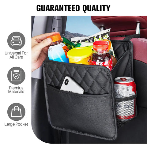 Two Pack Backseat Car Organizer With Cup Holders, Waterproof PU Leather Universal Hanging Car Seat Back Organizer, holding drinks and phone