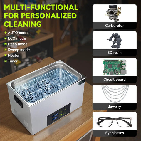 Mntnco 30L Ultrasonic Cleaner With Heating And Deep Clean Mode Touch Control For Jewelry Dentures Carburetors Automotive Industrial Parts Energy Saving One Touch Operation Lab Grade with various cleaning items.