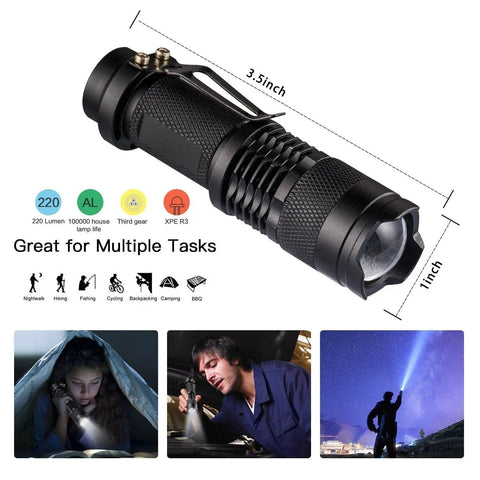 Compact flashlight from 13 In 1 Emergency Survival Kit for Outdoor Adventures, measuring 3.5x1 inches, suitable for multiple tasks.
