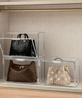 Three Pack Acrylic Purse Organizer for Closet Stackable Clear Handbag Storage Bins with Magnetic Doors Display Case with purses.