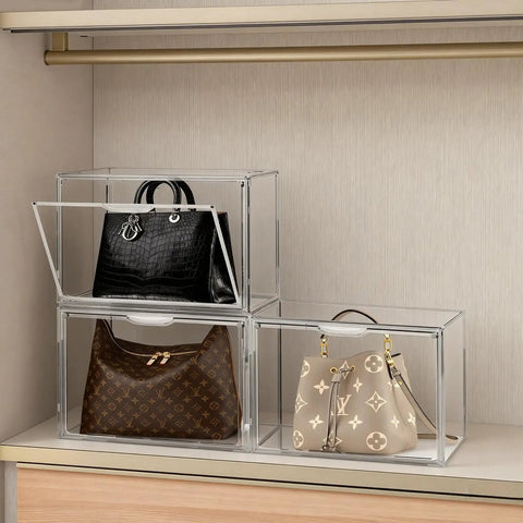 Three Pack Acrylic Purse Organizer for Closet Stackable Clear Handbag Storage Bins with Magnetic Doors Display Case with purses.