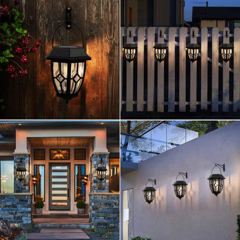 Dope Hexagon Solar Lanterns Outdoor Waterproof Hanging Lights mounted on walls and fences, warm glow for porch and garden decor.
