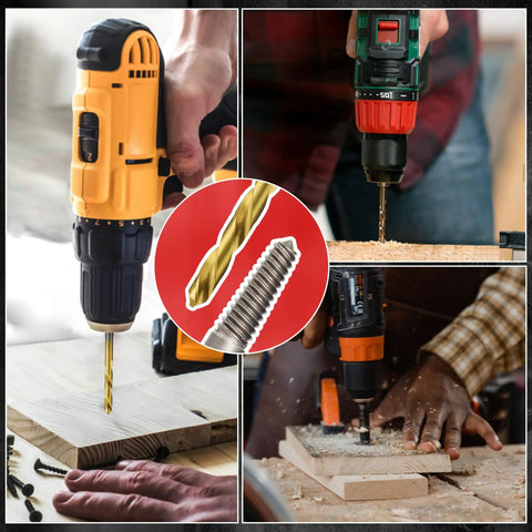 32 Piece Screw Extractor Kit With Left Hand Drill Bits And Hex Adapter in use on wood and metal surfaces