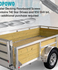 Trailer with wooden boards secured by 100 Pcs 5/16-18 X 2-1/2 Inch Flat Head Deck Screws Pro Grade For Hardwood And Laminate Flooring.