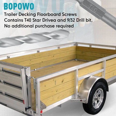 Trailer with wooden boards secured by 100 Pcs 5/16-18 X 2-1/2 Inch Flat Head Deck Screws Pro Grade For Hardwood And Laminate Flooring.