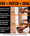 Gorilla waterproof patch & seal tape, black, 4 in x 10 ft, instructional product infographic showing steps