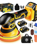 Cordless Car Buffer Polisher Kit With 2x 2000mAh 21V Batteries, 18 Attachments, 6 Speed Orbital Design, LED Display, Yellow