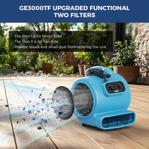 Beastly Drying Power Industrial Strength 3000 CFM Air Mover Blower Fan with visible filters for floor and carpet drying.
