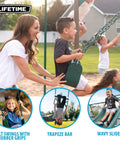 Kids playing on Outdoor Monkey Bar Adventure Swing Set With Three Belt Swings, Trapeze Bar With Gym Rings, Nine Foot Wavy Slide