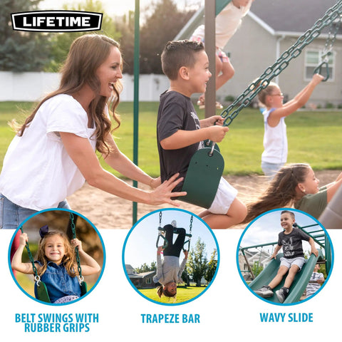 Kids playing on Outdoor Monkey Bar Adventure Swing Set With Three Belt Swings, Trapeze Bar With Gym Rings, Nine Foot Wavy Slide