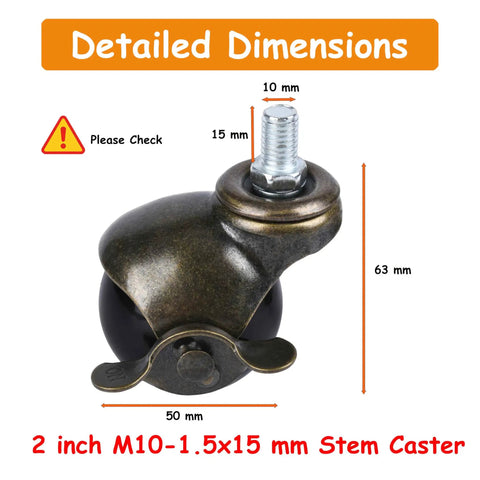 2 Inch Stem Ball Casters With Brake Set Of 4 Antique Brass Furniture Wheels Featuring M10 X 15mm Thread showing detailed dimensions and specifications.