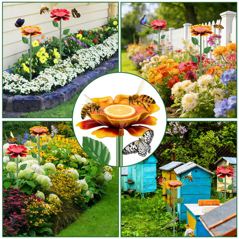 Two Pack Metal Bee Watering Station With Flower Design And Colorful Butterfly Bath Outdoor Garden Yard Patio Decor Attracts Bees And Butterflies With Durable Garden Feeder