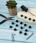 12 Pack Silicone Hydraulic Jack Oil Plugs For Floor Jack Reservoir Fill Hole, Rubber Conical Seals with tools on wood surface