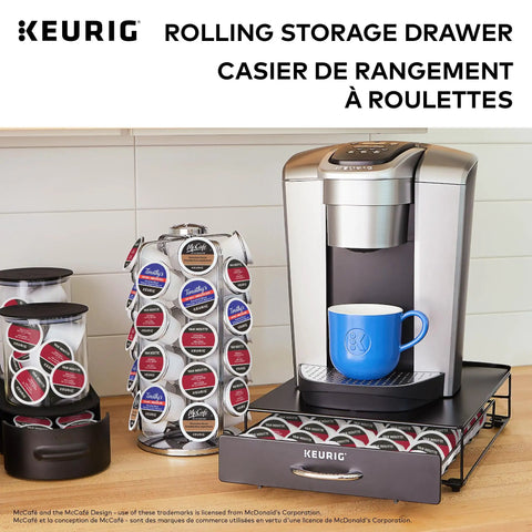 Under Counter Coffee Pod Storage Drawer For Single Cup Brewers Space Saver Holds Up To 35 K Cup Pods Black Finish with coffee maker on top