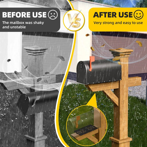 Image comparing mailbox installation before and after using Heavy Duty Post Mount Mailbox Bracket For 4x4 Wood Or Hollow Posts Tough As Nails Built To Last Easy Install Mounting Plate With Bottom Mounting Holes Fits Most Post Mounted Mailboxes, showing increased stability with bracket.