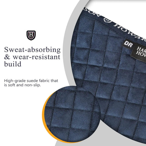 Dressage Ready Equestrian Saddle Pad For Horses Breathable Moisture Wicking Navy Pad with sweat-absorbing and wear-resistant fabric detail.
