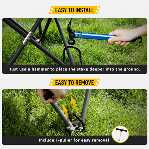 Demonstration of Heavy Duty Trampoline Stakes Anchors 12 Inch Ground Anchors With T Hook 8 Pack being installed and removed