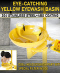 Yellow eyewash basin with dual spray heads, 304 stainless steel and ABS coating, heavy duty emergency shower and eye wash station.