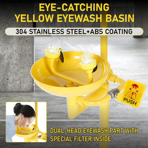 Yellow eyewash basin with dual spray heads, 304 stainless steel and ABS coating, heavy duty emergency shower and eye wash station.