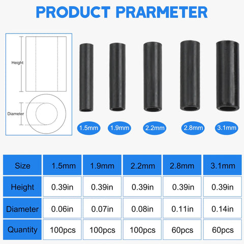 420 Piece Fishing Crimp Sleeves Kit with size chart showing diameters 1.5mm to 3.1mm and quantities in black oxidized finish.