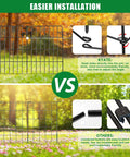 30 Pack Decorative Garden Fence Panels Set For Yard And Garden, shown with installation comparison between brands, 32.5 Ft Of Coverage, 17 Inch High Panels, 13 Inch Wide Each, Rustproof Metal Wire Small Animal Barrier, No Fuss Setup, Patio Border Black.