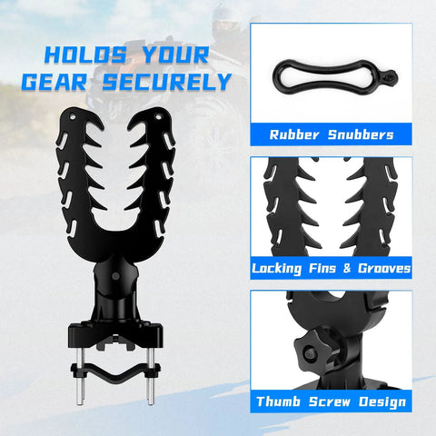 ATV Tool Holder With Rubber Coated Nylon Core featuring rubber snubbers and locking fins, tilt to 45 degrees for hunting bikes.