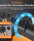 Powerhouse Four Head Concrete Grinder Set With Four Inch Diamond Wheels, showing 6-speed control for precision grinding.