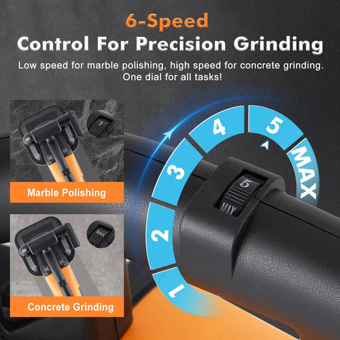 Powerhouse Four Head Concrete Grinder Set With Four Inch Diamond Wheels, showing 6-speed control for precision grinding.