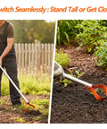 Gardener using 63 Inch Stirrup Hoe Garden Tool With Adjustable Long Handle in yard, showcasing 15 Degree Spring Steel Blade action.