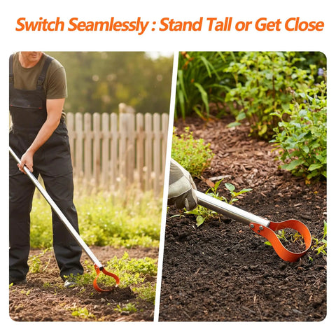 Gardener using 63 Inch Stirrup Hoe Garden Tool With Adjustable Long Handle in yard, showcasing 15 Degree Spring Steel Blade action.